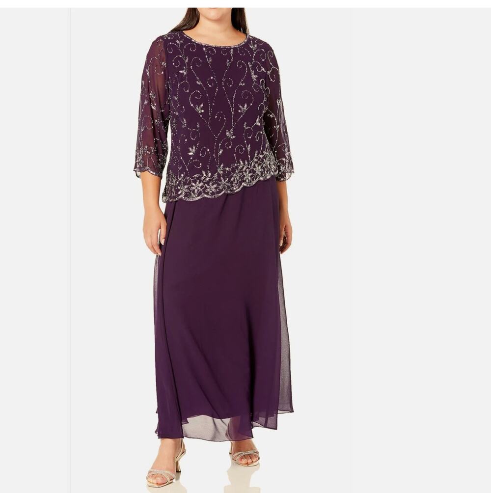 J Kara Beaded Scallop Bodice Asymmetrical Round Neck 3/4 Sleeve Long Chiffon sz4